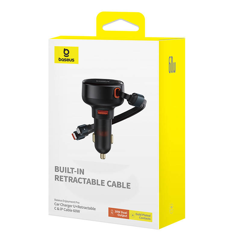 Baseus Enjoyment USB-A car charger with USB-C / Lightning cable 60 W (black)