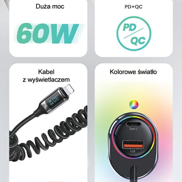 USAMS US-CC193 car charger 1xUSB-A 18W+1xUSB-C 30W + cable Ligtning 30W PD+QC Fast Charge black
