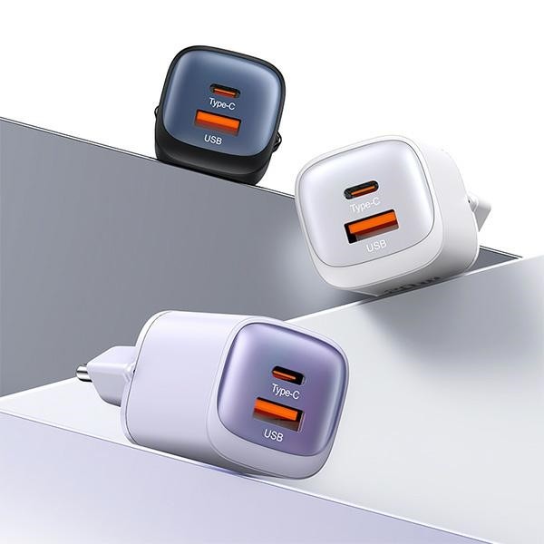 USAMS CC254 wall charger USB-A, USB-C 30W GaN Fast Charging HC Series purple