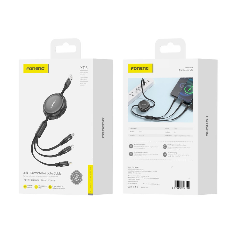 Kabel 3w1 FONENG X113 3A 1.1m, czarny