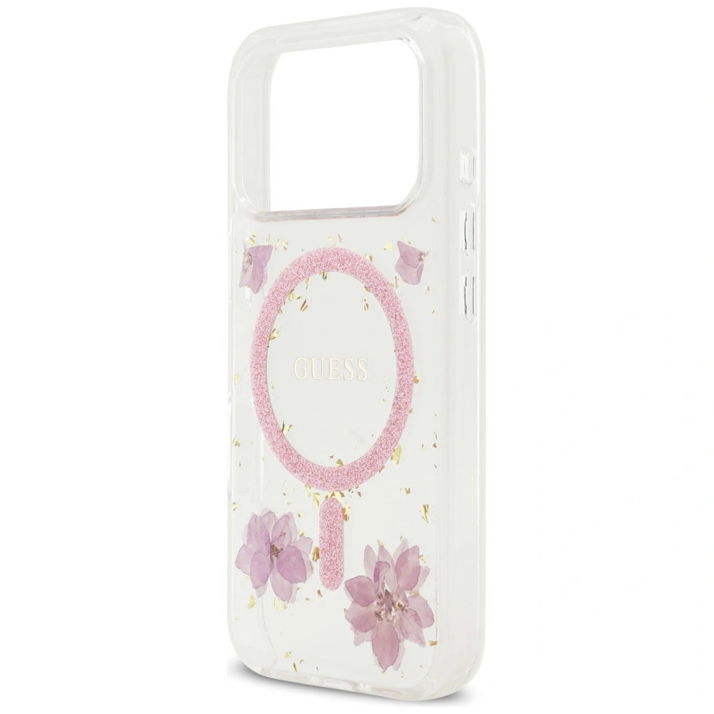 Etui Guess Resin Flowers Glitter MagSafe do Apple iPhone 17 Pro różowy