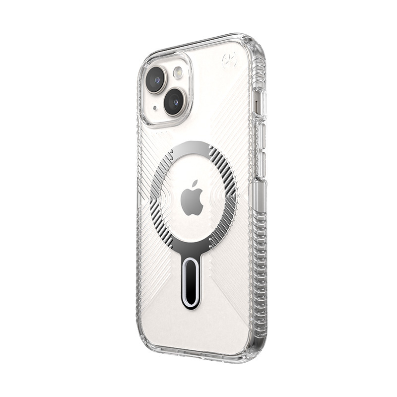 Speck Presidio Perfect-Clear Grip ClickLock MagSafe Apple iPhone 15 (Clear/Chrome Finish/Serene Silver)