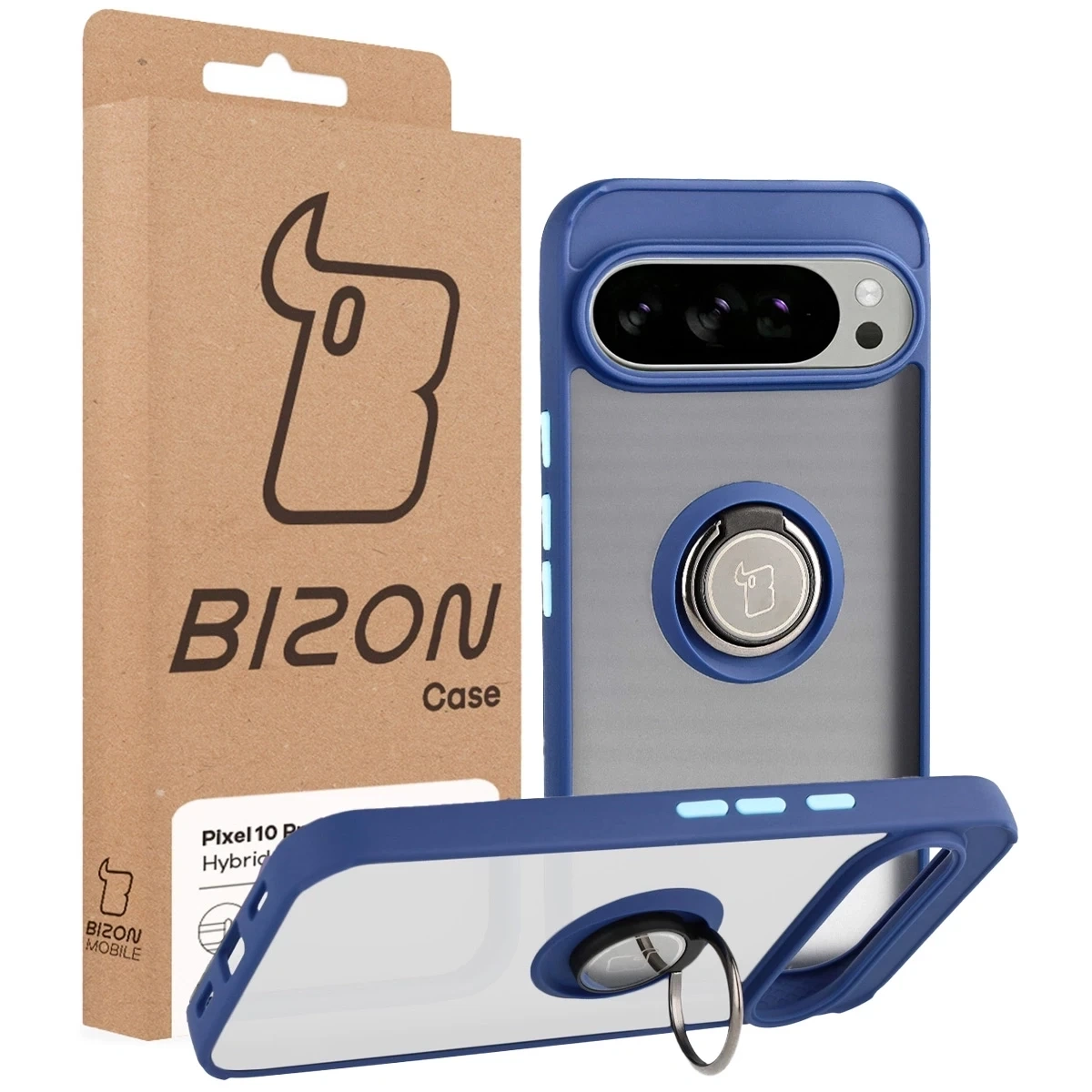 Etui z uchwytem na palec Bizon Case Hybrid Ring do Google Pixel 10 Pro XL przydymione z granatową ramką