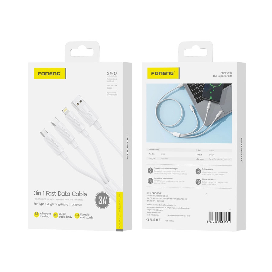 Kabel 3w1 FONENG XS07 3A 1.2m, biały