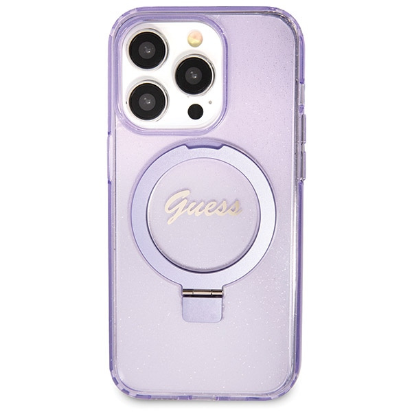 Guess GUHMP14XHRSGSU Apple iPhone 14 Pro Max hardcase Ring Stand Script Glitter MagSafe purple