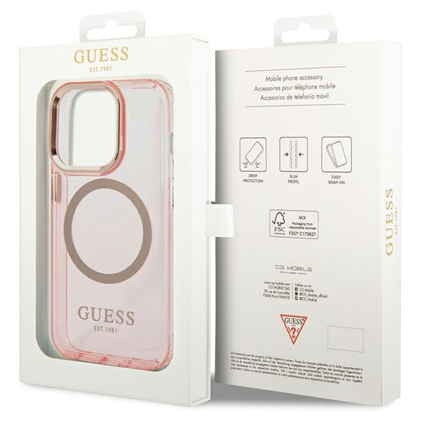 Guess GUHMP14XHTCMP Apple iPhone 14 Pro Max pink hard case Gold Outline Translucent MagSafe