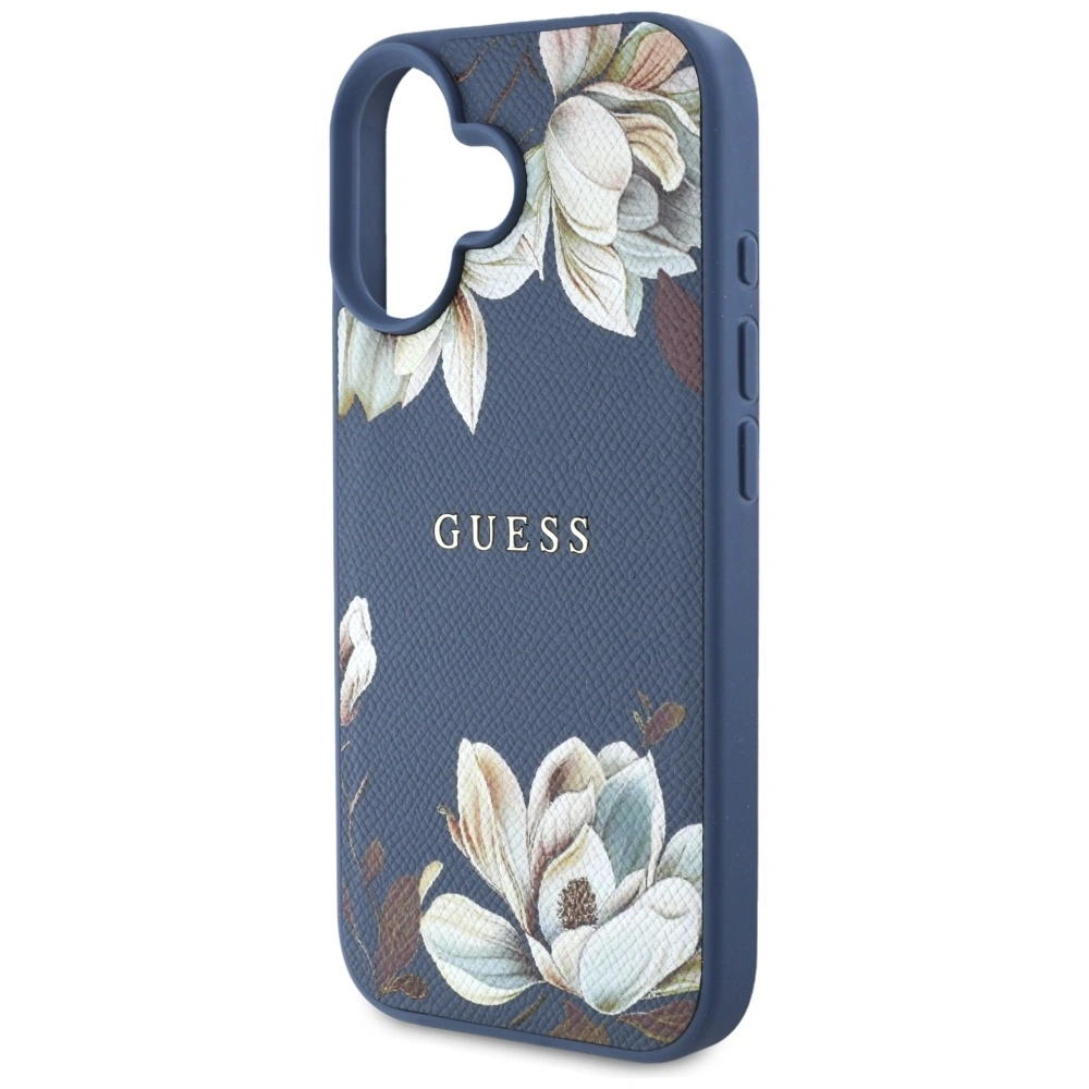 Guess Grained Printed Flower Pattern MagSafe Apple iPhone 16 blue