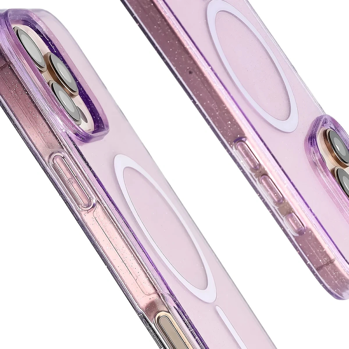 Etui brokatowe z pierścieniem magnetycznym Bizon Case SparklO do Apple iPhone 16 Pro Max, przezroczysto-fioletowe z brokatem