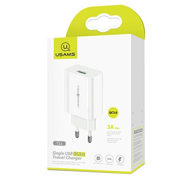 USAMS T22 Wall Charger 1xUSB 18W 3A QC3.0 + USB-C cable 1m white T48OCLN01