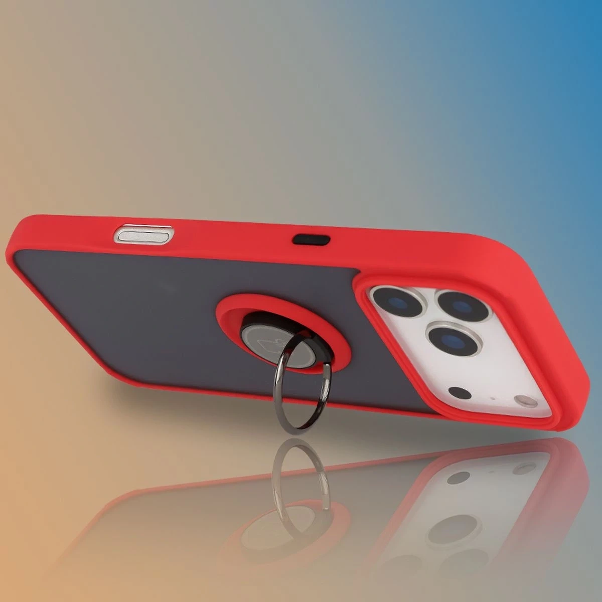 Etui z uchwytem na palec Bizon Case Hybrid Ring do Apple iPhone 17 Pro Max przydymione z czerwoną ramką