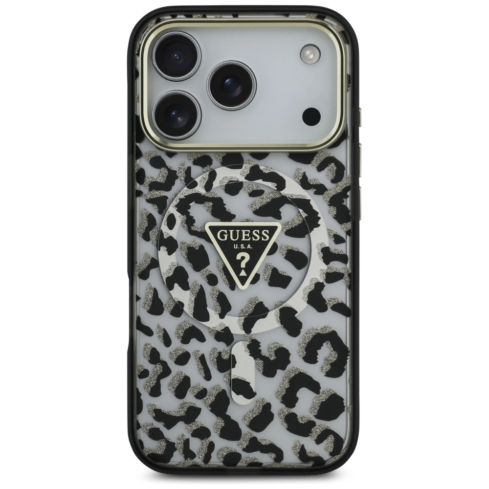 Etui Guess Leopard Glitter MagSafe do Apple iPhone 17 Pro czarny