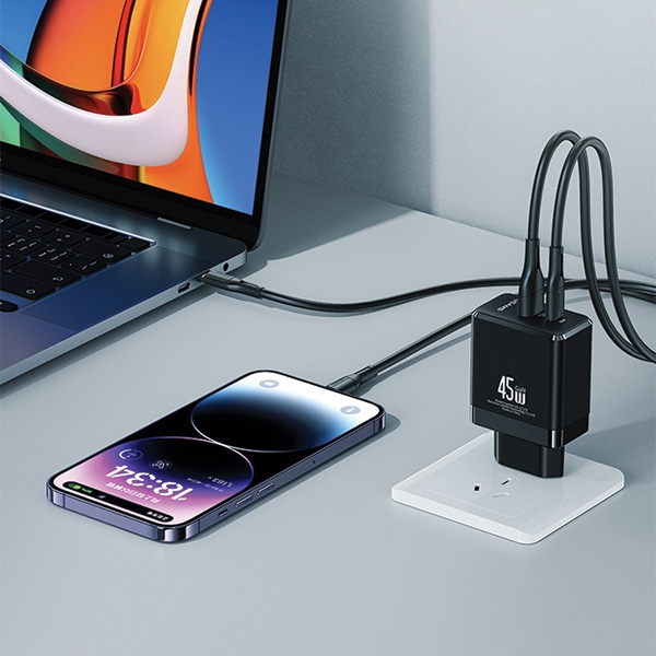 USAMS CC178TC02 wall charger 1xUSB-C+1xUSB-A 45W GaN PD+QC Fast Charging white