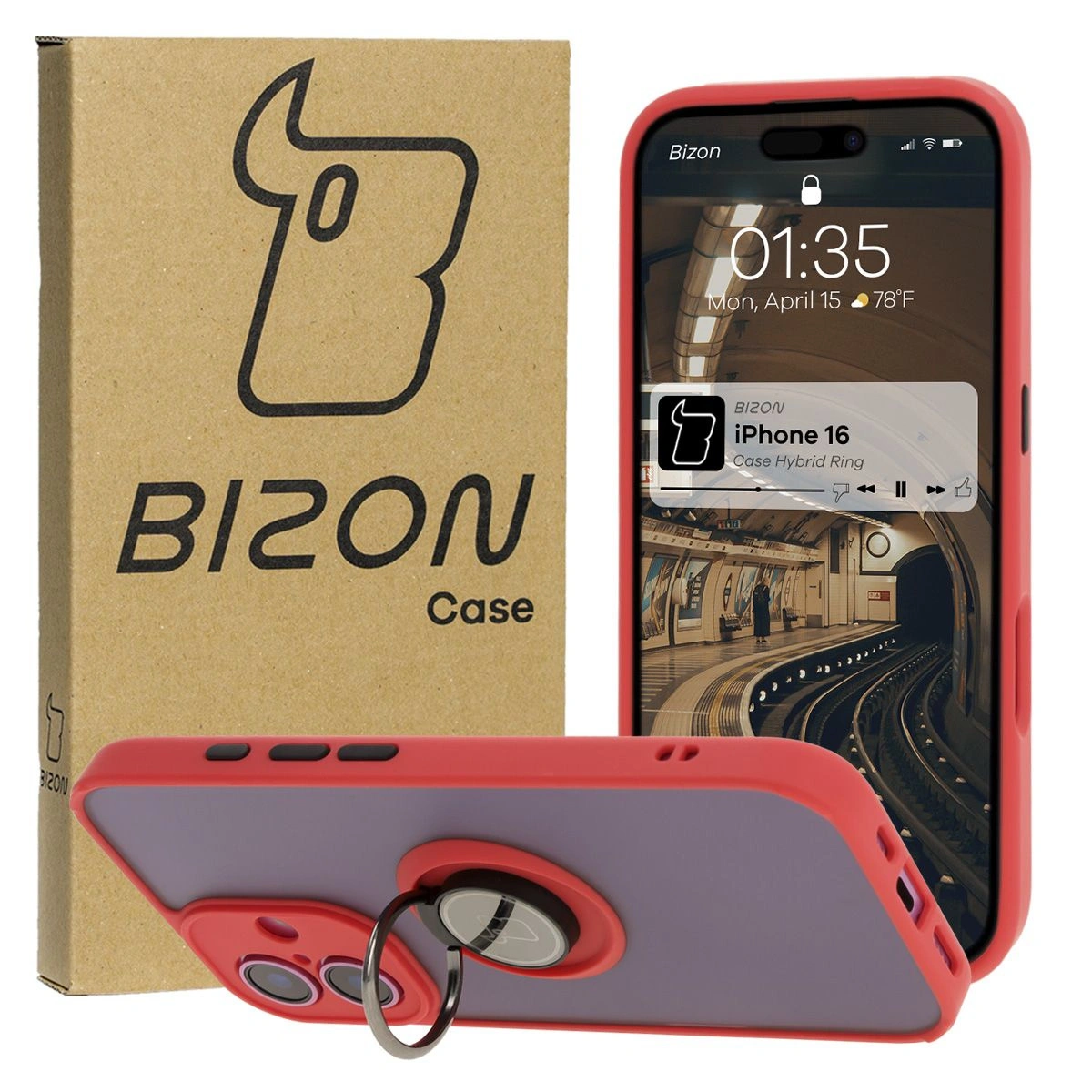 Bizon Case Hybrid Ring Apple iPhone 16 smoky with a red frame