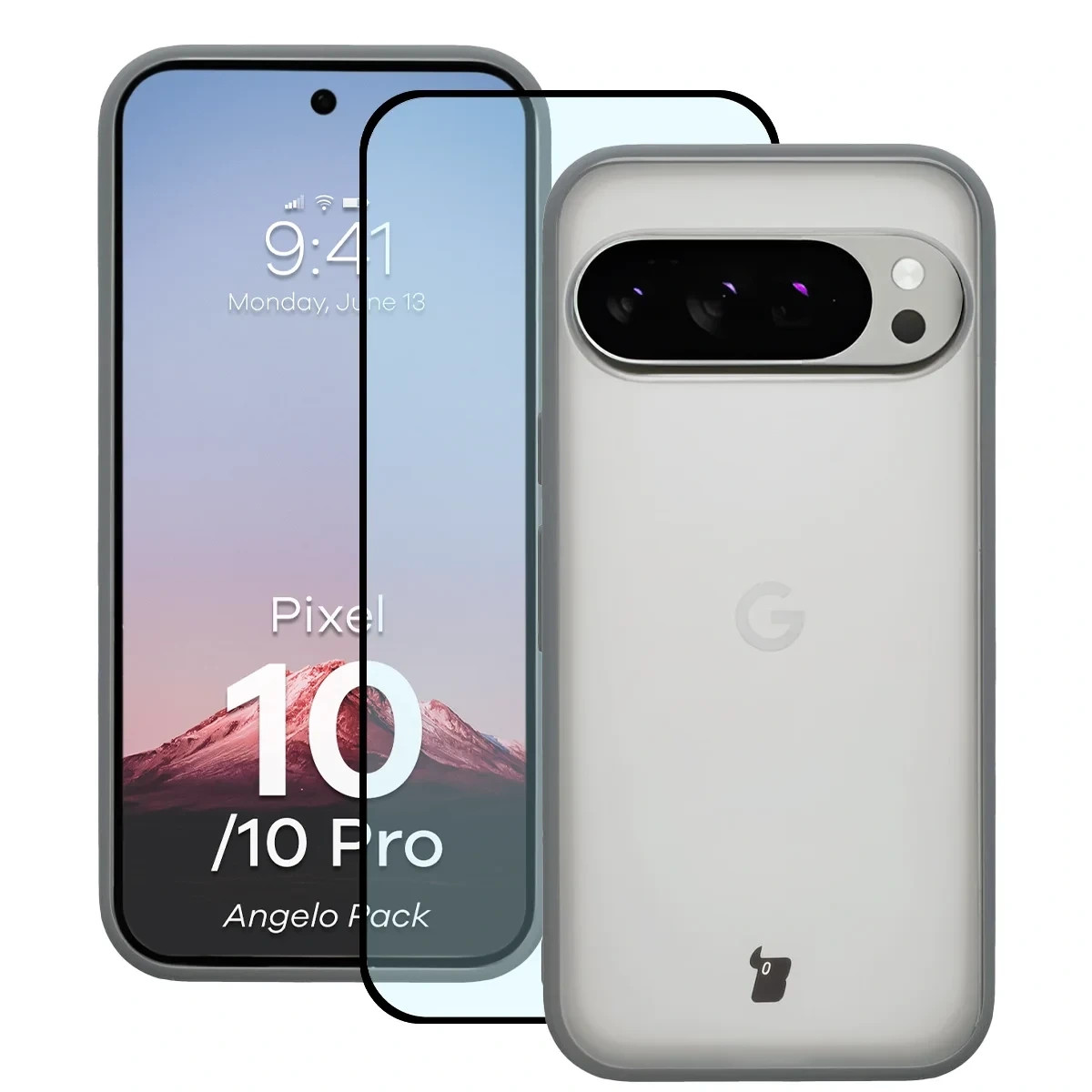 Etui + szkło hartowane Bizon Angelo Pack do Google Pixel 10 / 10 Pro, półprzezroczyste z szarą ramką