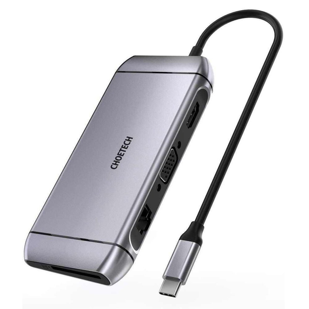 Choetech HUB-M15 HUB 9in1 USB-C/3xUSB 3.2 Gen 1 - card reader SD, TF - HDMI 4K 30Hz - VGA Full HD 60Hz - USB-C - RJ45 gray