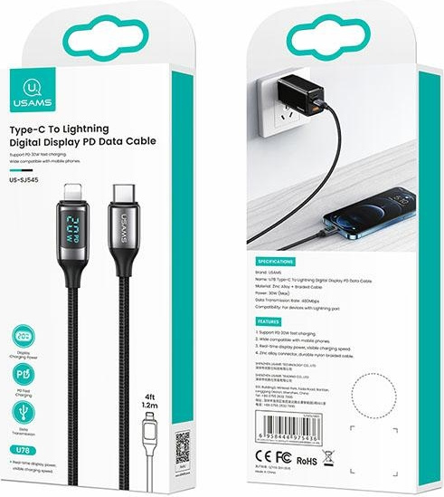 USAMS Nylon Cable U78 USB-C - Lightning LED 1.2m 20W PD Fast Charge white SJ545USB02 (US-SJ545)
