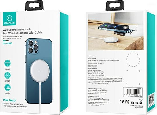 USAMS Wireless Charger US-CD160 magnetic W2 15W aluminiowa Apple iPhone 12 series silver CD160DZ01