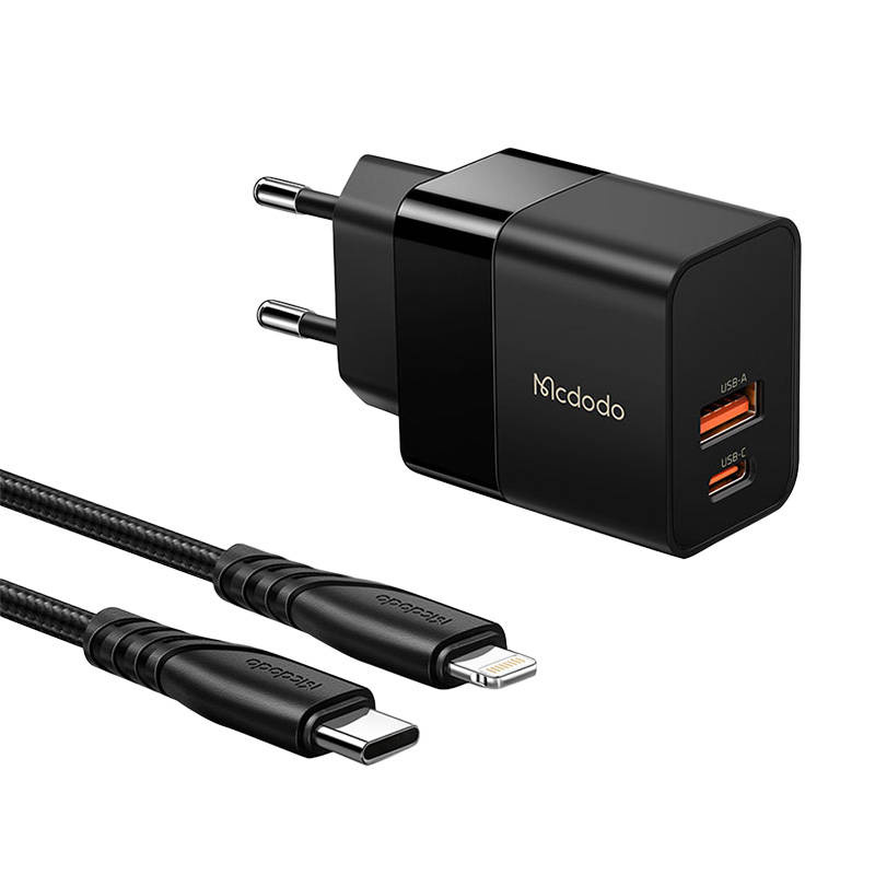 Mcdodo CH-1952 Wall Charger USB + USB-C, 20W + kabel USB-C/Lightning (black)