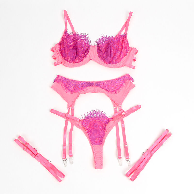 SUBBLIME - 955366 BRA SET WITH LACE AND GARTER LINES PINK AND PURPLE L/XL