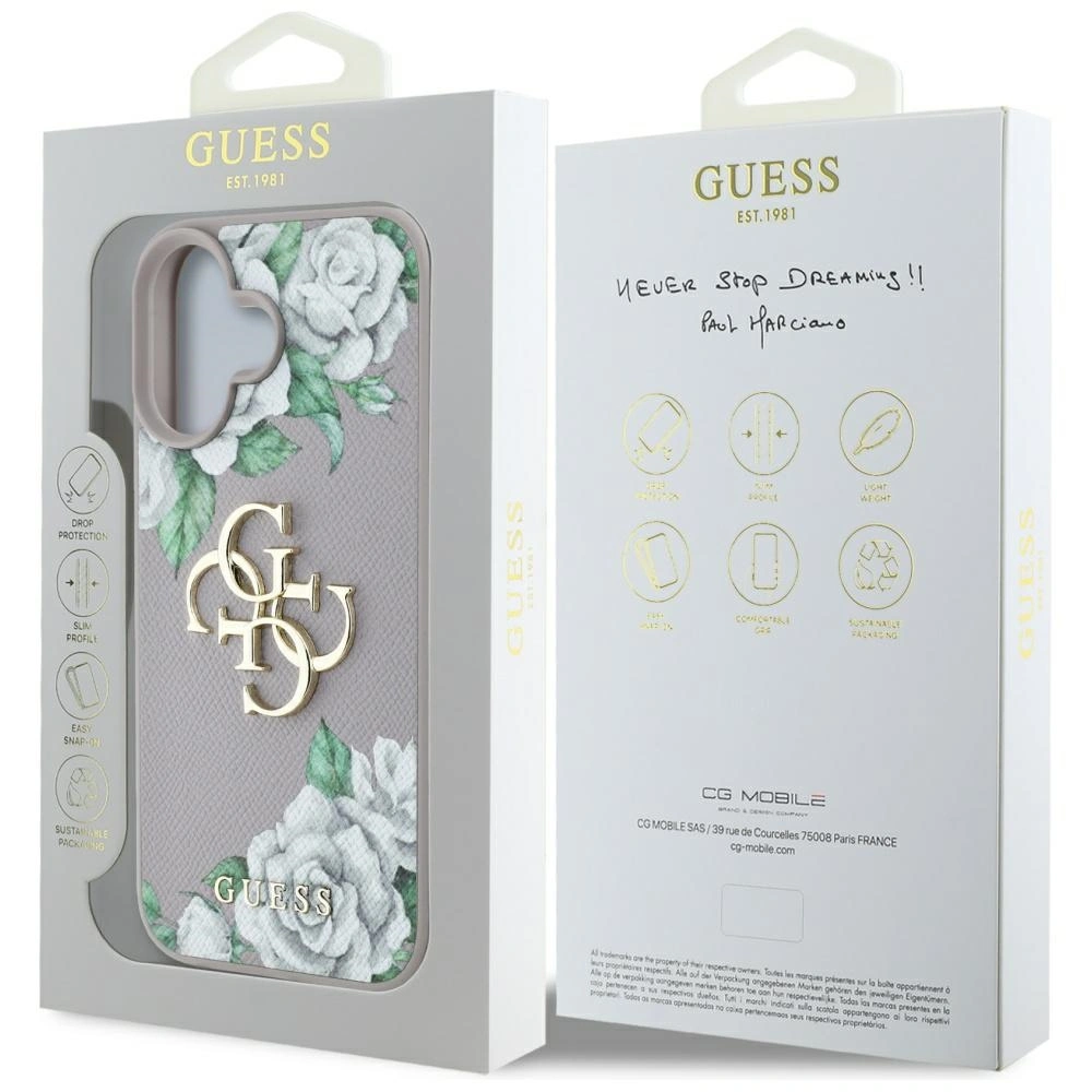 Etui Guess Grained Roses Big 4G logo do Apple iPhone 16 fioletowy