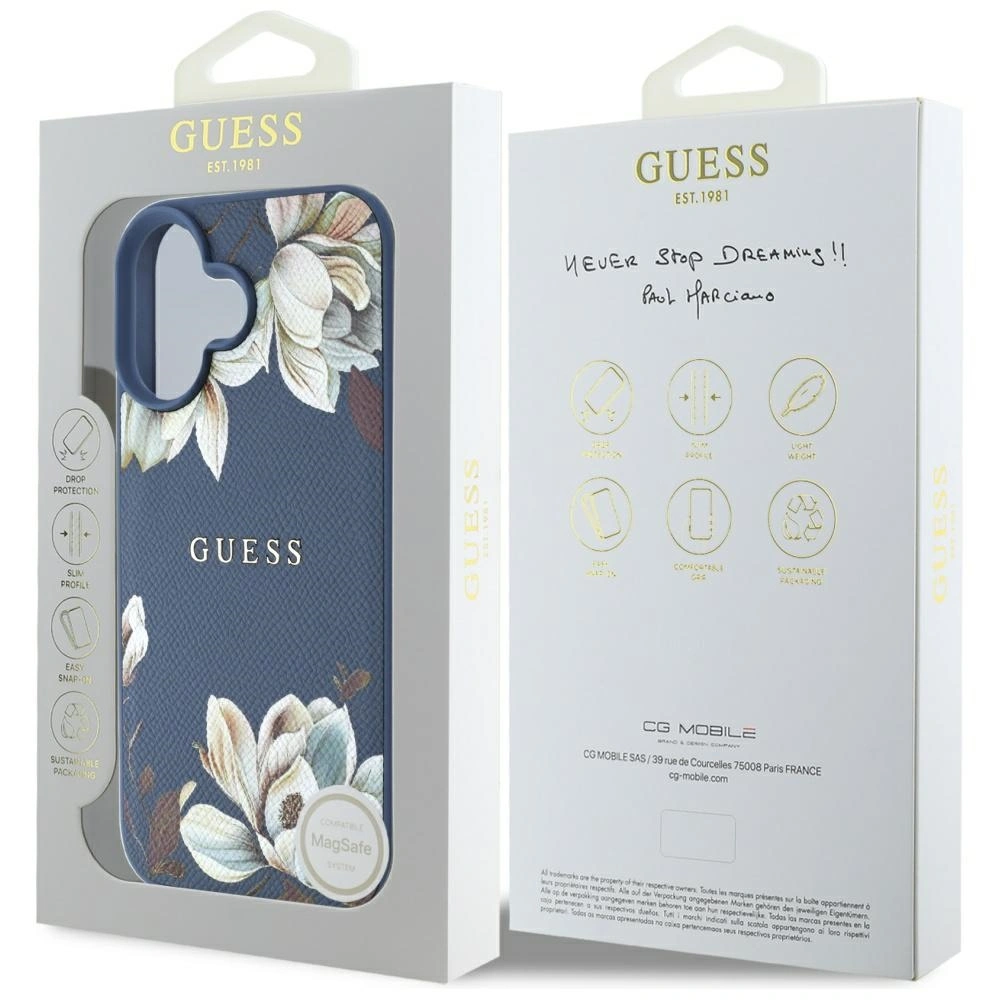 Guess Grained Printed Flower Pattern MagSafe Apple iPhone 16 blue