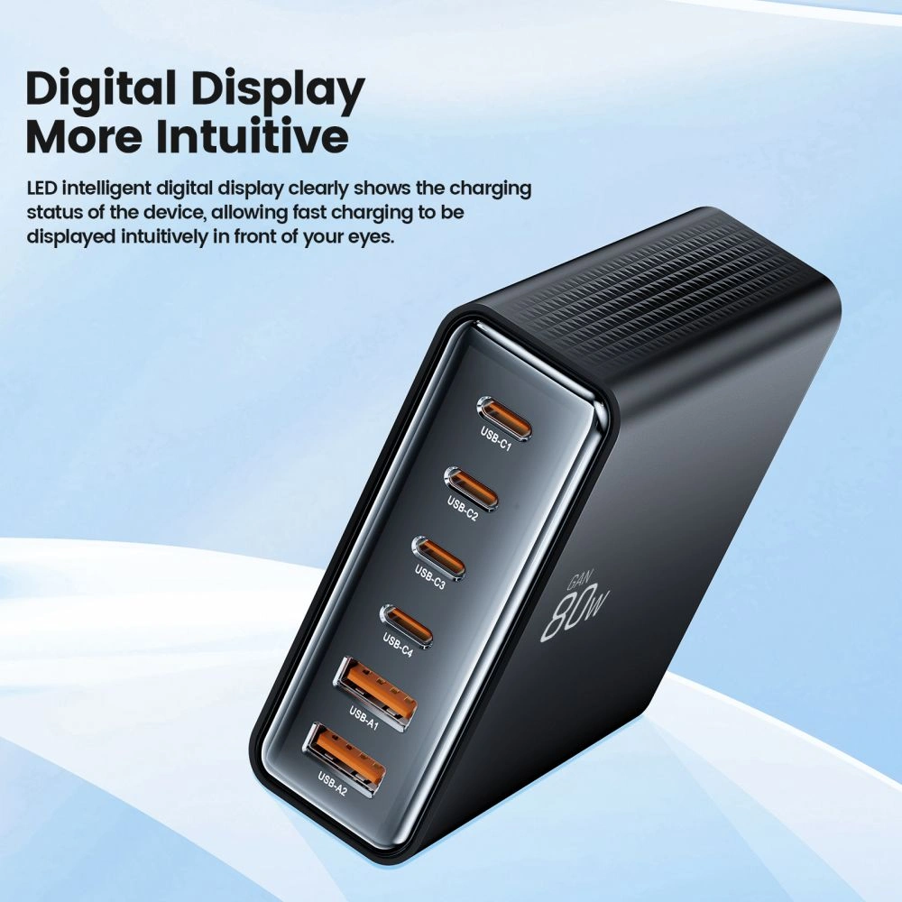 Tech-Protect DC80W-GAN charging station 6-port 2xUSB-A, 4xUSB-C desktop charger PD80W / QC3.0 black