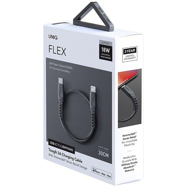 UNIQ Flex USB-C/Lightning 18W 30cm Nylon cable charcoal grey