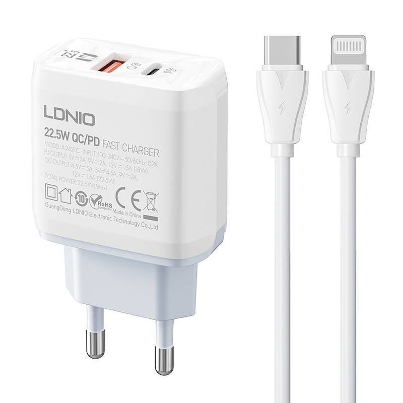 LDNIO A2421C Wall Charger USB-A, USB-C 22.5W + USB-C/Lightning cable