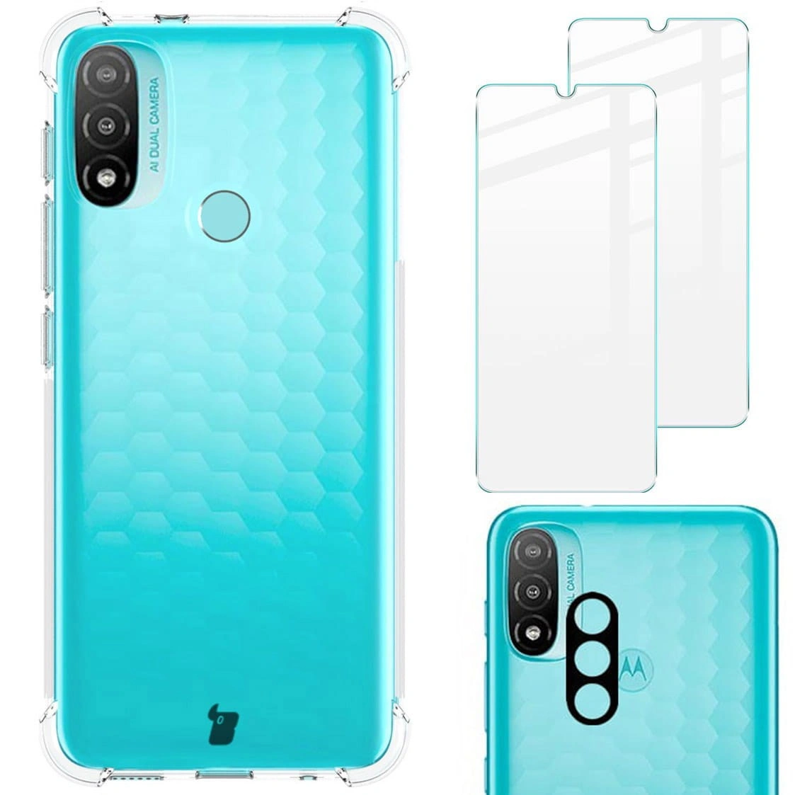 Bizon Case Clear Pack case + 2x screen glass + lens glass Moto E20 clear
