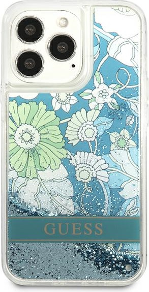 Guess GUHCP13LLFLSN Apple iPhone 13 Pro green hardcase Flower Liquid Glitter