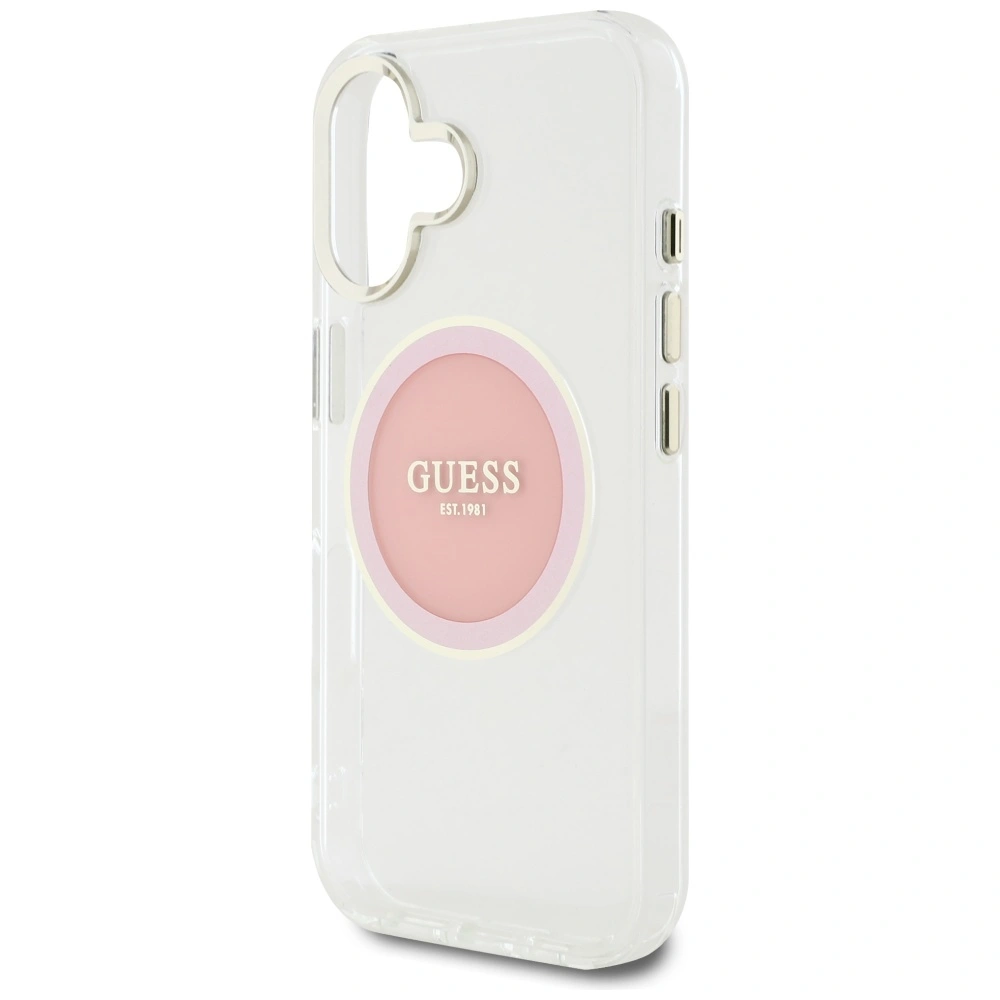 Etui Guess IML Metal Colored Circle Classic Logo MagSafe do Apple iPhone 16 różowy