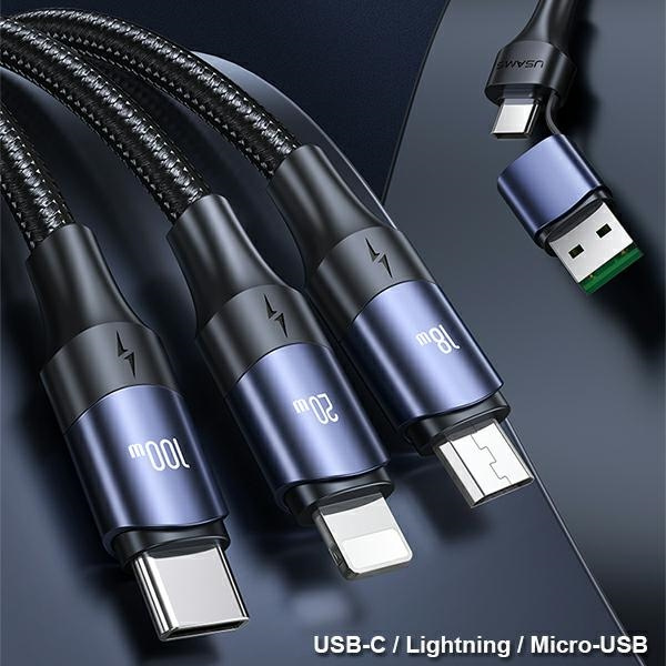 USAMS Cable U71 3in1 1.2m 6A Fast Charge black (USB/USB-C - Lightning/microUSB/USB-C) SJ511USB01 (US-SJ511)