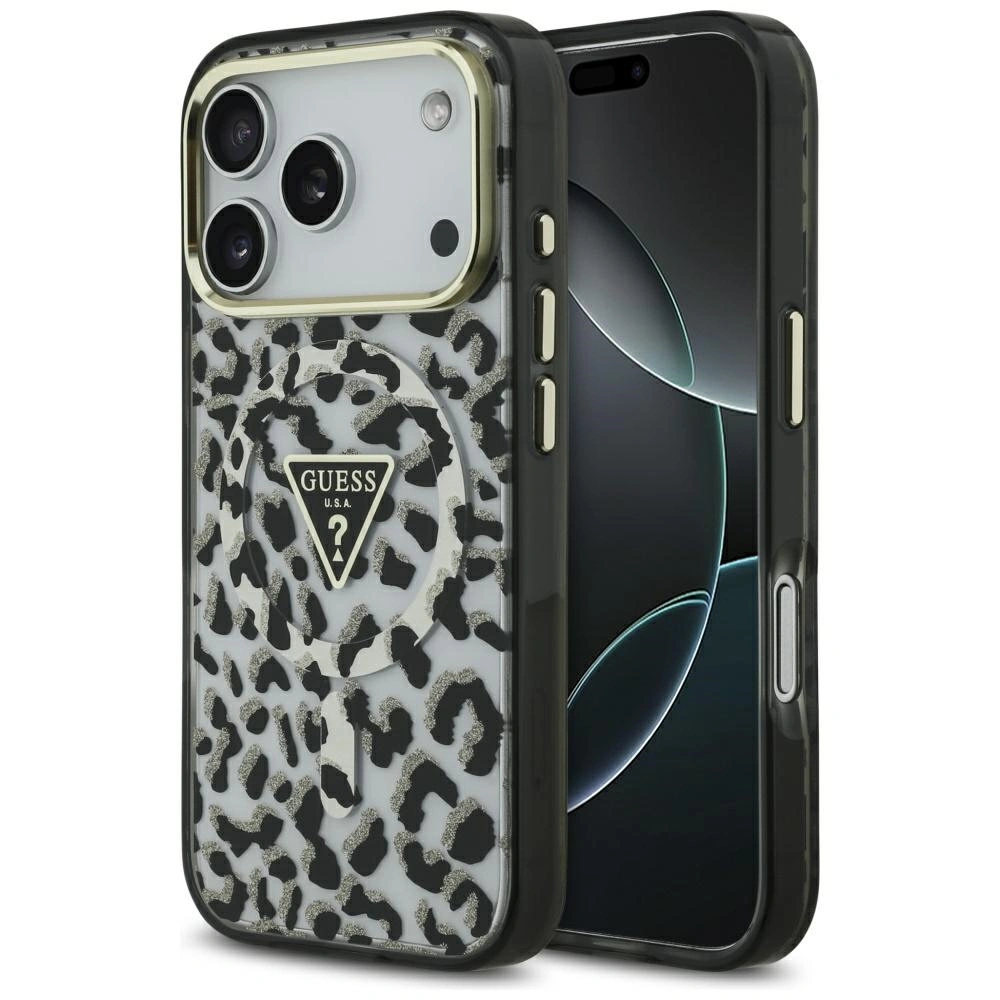 Etui Guess Leopard Glitter MagSafe do Apple iPhone 17 Pro czarny