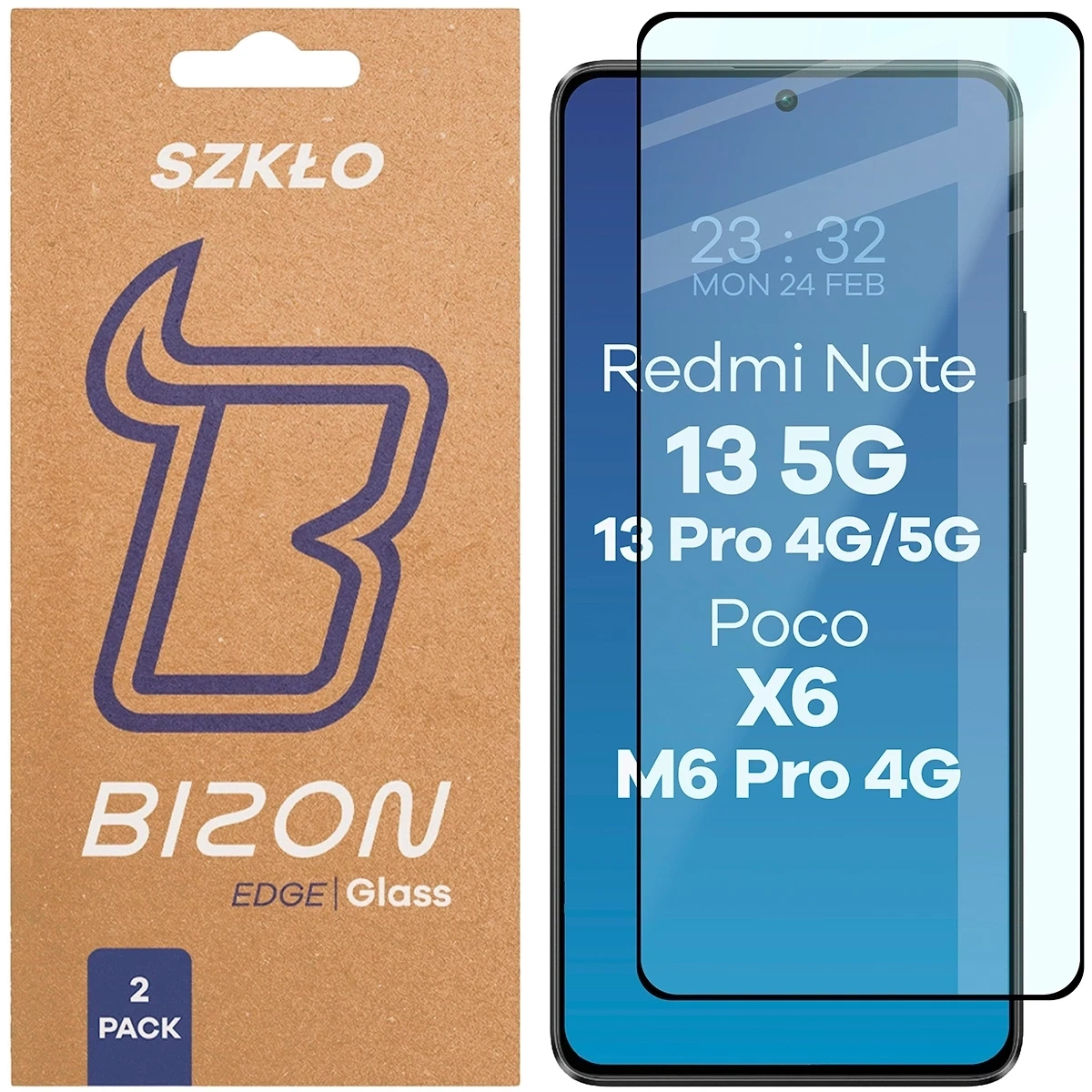 Szkło hartowane Bizon Glass Edge Duo do Xiaomi POCO X6 / M6 Pro 4G / Redmi Note 13 5G / 13 Pro 4G / 5G czarna ramka [2 PACK]