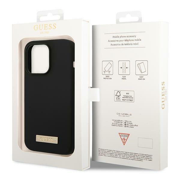 Guess GUHMP14XSBPLK Apple iPhone 14 Pro Max black hard case Silicone Logo Plate MagSafe