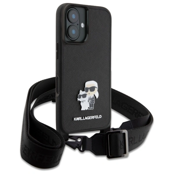 Karl Lagerfeld KLHCP16SSAKCPBK Apple iPhone 16 hardcase Saffiano Karl&Choupette Metal Pin CBDY Strap black