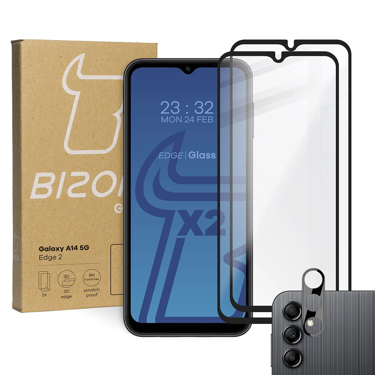 BIZON Edge 2 2x screen glass + camera glass Samsung Galaxy A14 4G/5G