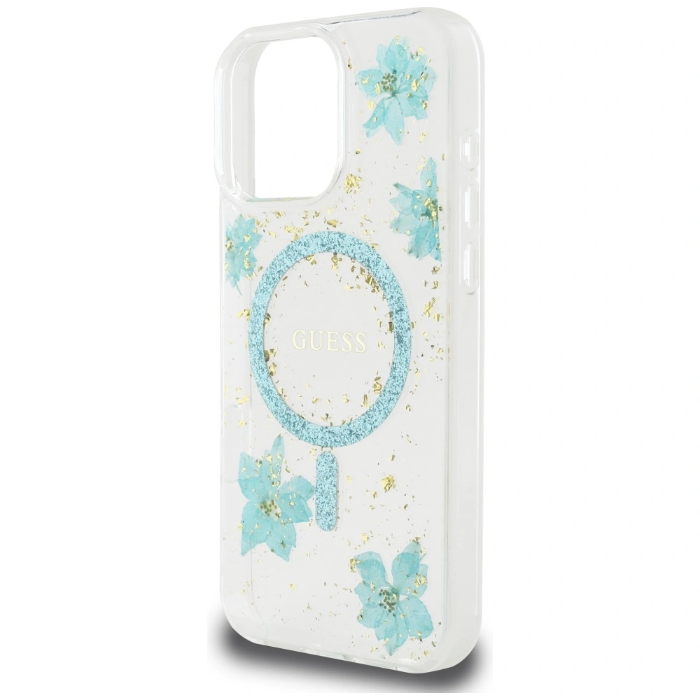 Case Guess Resin Flowers Glitter MagSafe for Apple iPhone 16 Pro turquoise