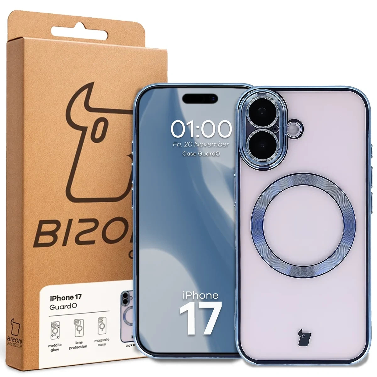Etui z ochroną aparatu i pierścieniem magnetycznym Bizon Case GuardO do Apple iPhone 17, przezroczysto-niebieskie