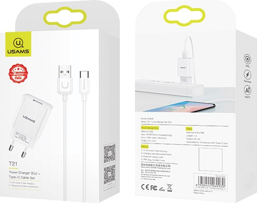 USAMS Wall Charger 1xUSB T21 USB-C white 2,1A Fast Charging T21OCTC01