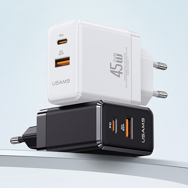 USAMS CC178TC02 wall charger 1xUSB-C+1xUSB-A 45W GaN PD+QC Fast Charging white