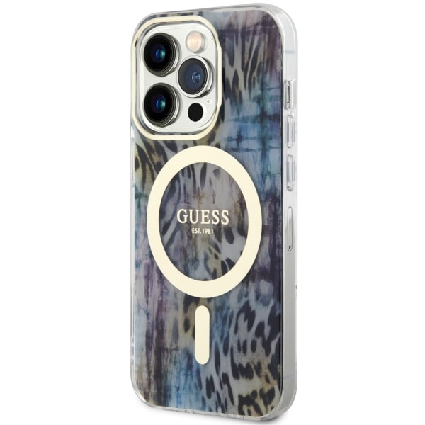 Guess GUHMP14LHLEOPWB Apple iPhone 14 Pro blue hardcase Leopard MagSafe