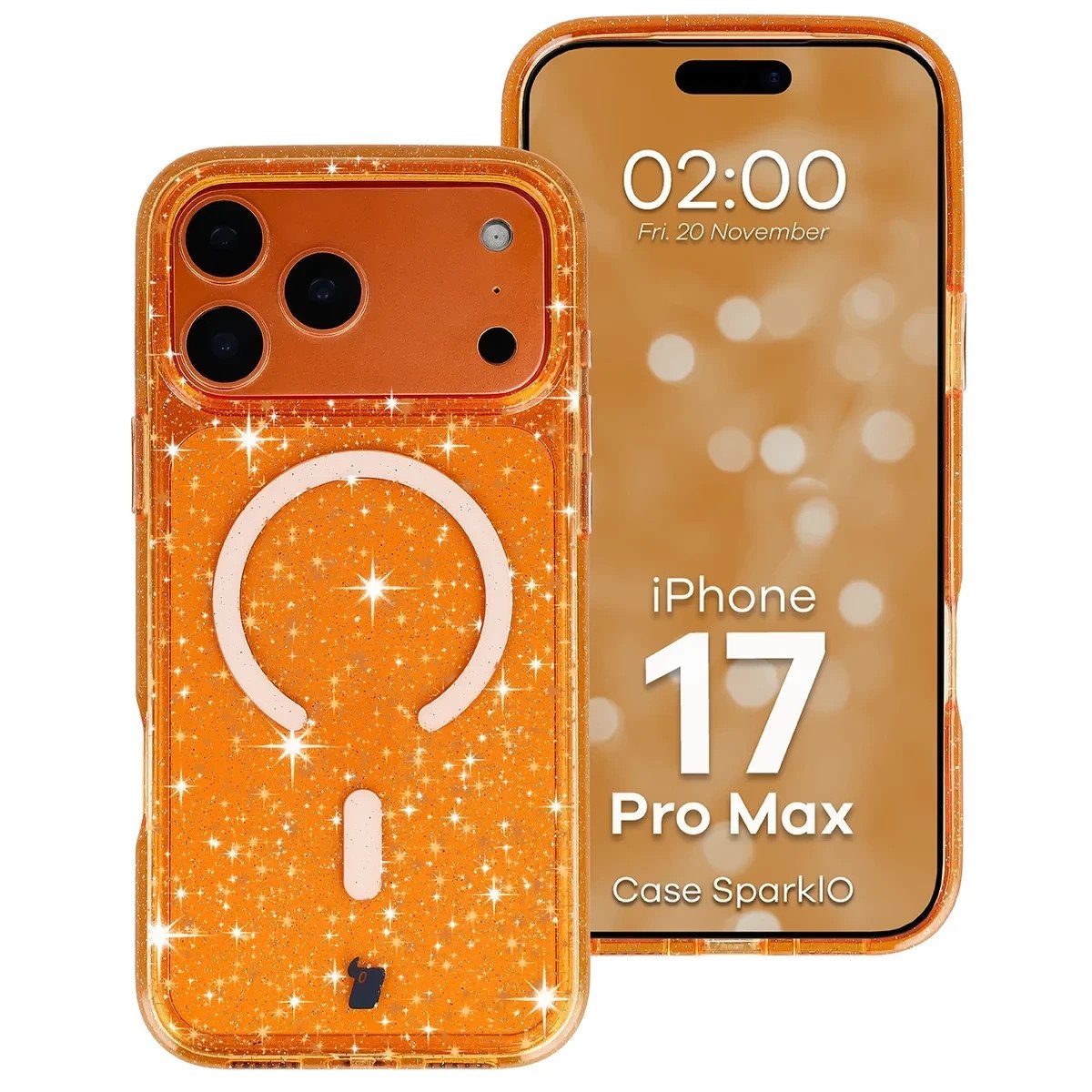 Etui brokatowe z pierścieniem magnetycznym Bizon Case SparklO do Apple iPhone 17 Pro Max, przezroczysto-pomarańczowe z brokatem