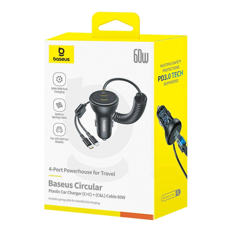Baseus 60W 2xUSB-C car charger + built-in USB-C, Lightning cable (Black)