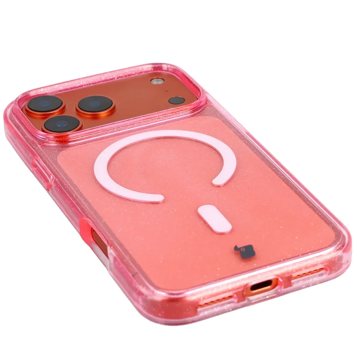 Etui brokatowe z pierścieniem magnetycznym Bizon Case SparklO do Apple iPhone 17 Pro Max, przezroczysto-różowe z brokatem
