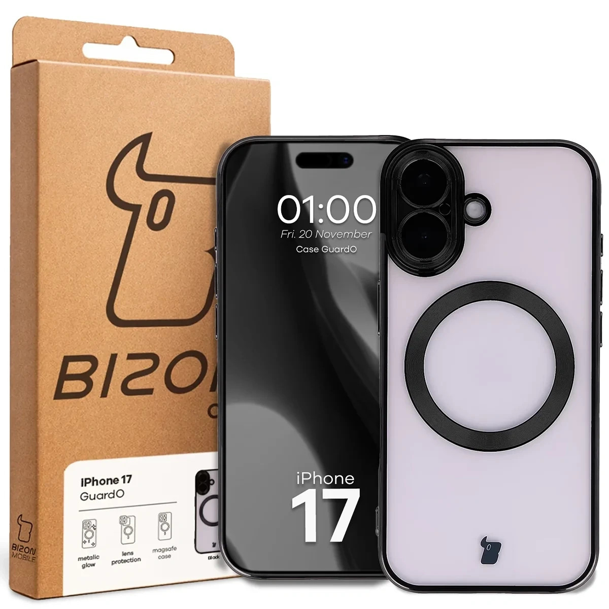 Etui z ochroną aparatu i pierścieniem magnetycznym Bizon Case GuardO do Apple iPhone 17, przezroczysto-czarne