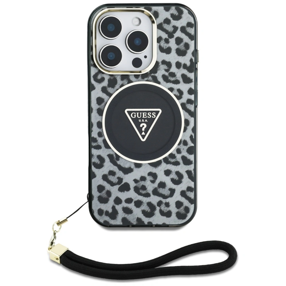 Guess HC IML Leopard Triangle Cord Strap do Apple iPhone 16 Pro Max MagSafe black