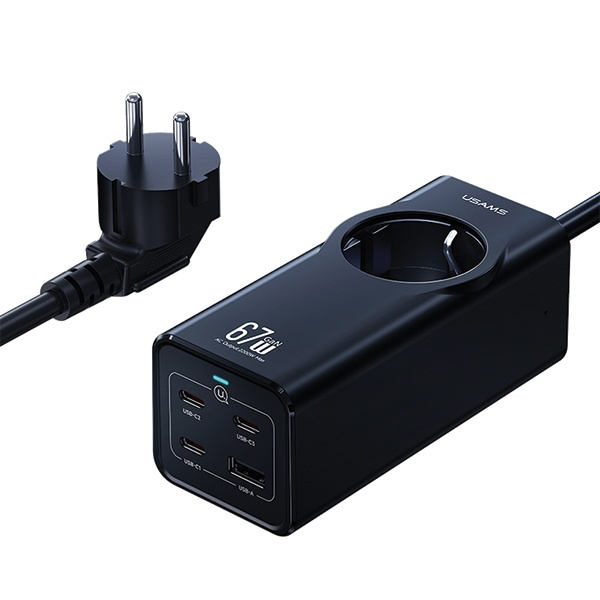 USAMS AC / AC 2200W power strip, USB-A 5W, 3xUSB-C 67W GaN PD QC FCP ADC PPS black