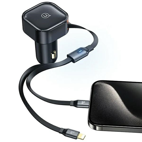 USAMS C41 2xUSB-C car charger with retractable cable PD 30W Fast Charge black