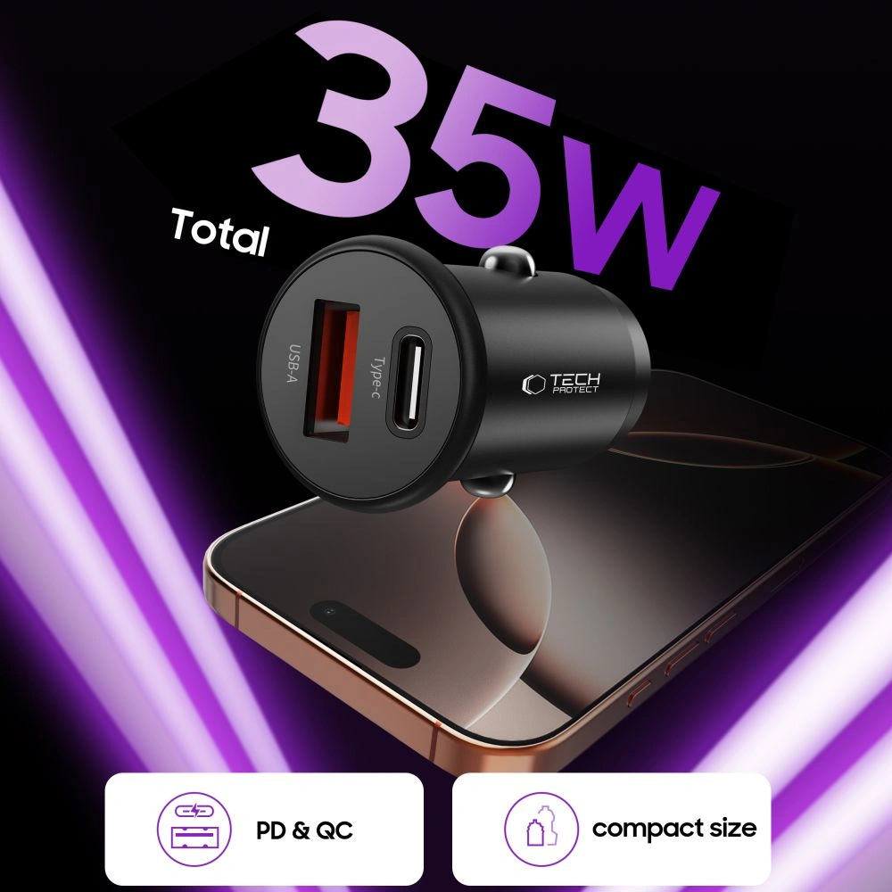 Tech-Protect CC02 2-port Car Charger USB-A, USB-C PD 35W / QC 3.0 Black